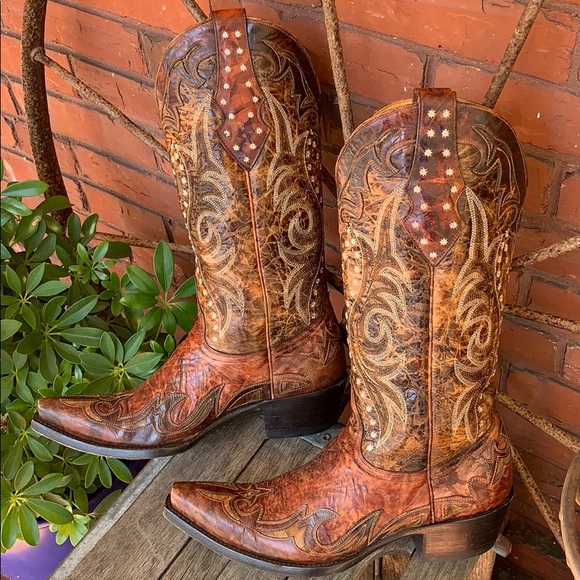 Old Gringo Shoes - OLD GRINGO Tooled Inlay Saddle Brown Cowboy Boots